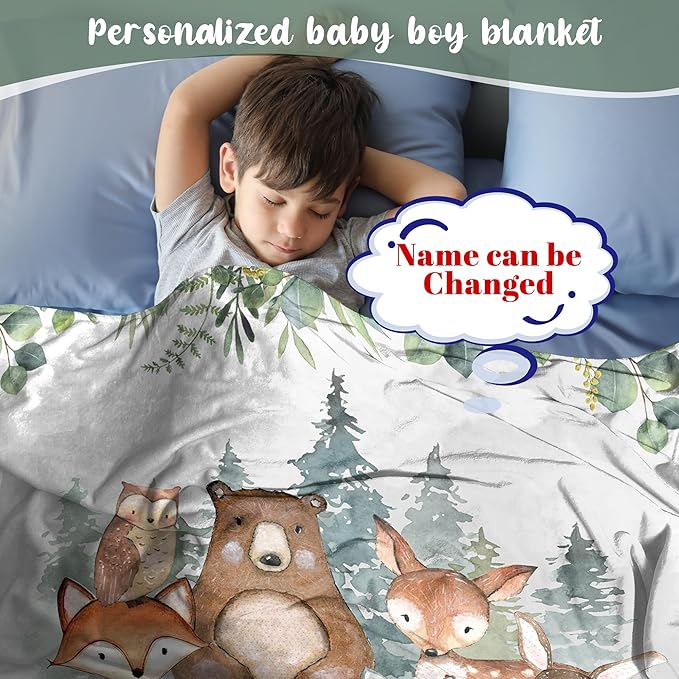 J&SBGFT Personalized Baby Blanket with Name, Customized Name Receiving Blanket for Boys' Crib, Stroller & Nursery - Forest Animal Theme