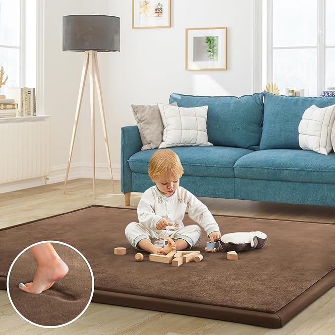 Baby Play Mat for Floor Tummy Time Mat Nursery Muscle Area Rug Playroom Rug Tatami 47"*47" Memory Foam 1.3" Thick Crawling For Babies,Toddlers, Infants, Kids,Floor,Coffee