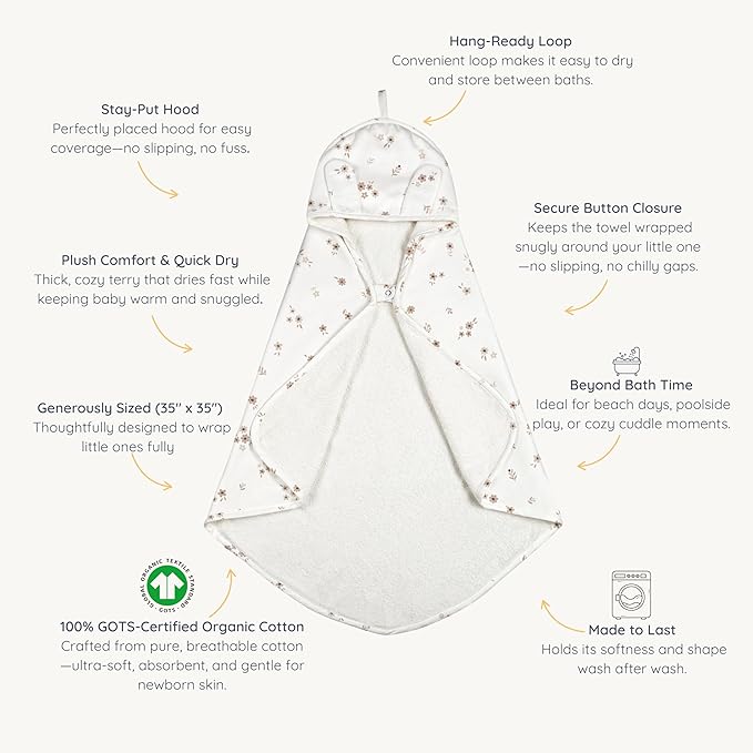 MakeMake Organics Organic Cotton Hooded Towel Baby Toddler GOTS Certified Organic Cotton Beach Poncho Towel Large Absorbent Non Toxic Neutral (Bloom, Diagonally 35"x35")