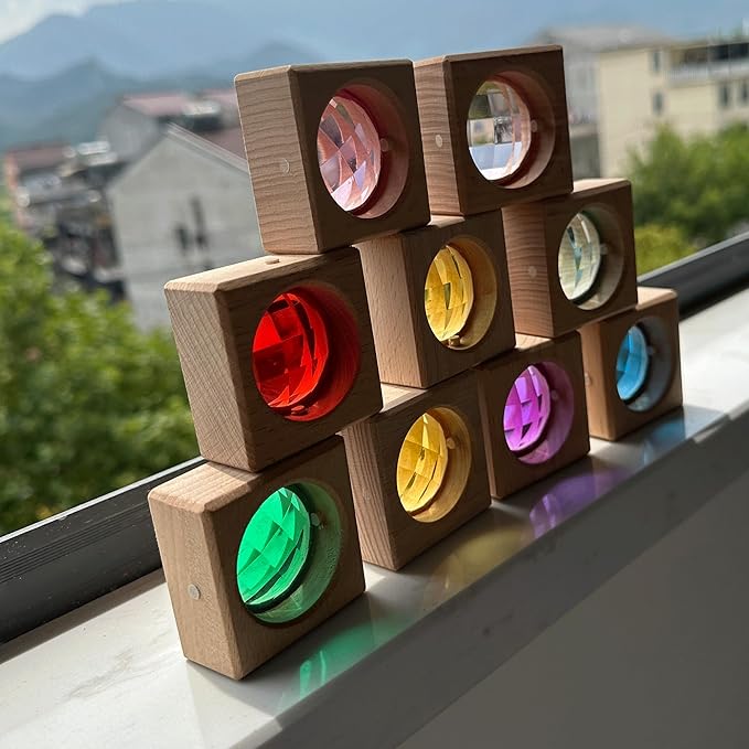 16PCS Acrylic Wooden Gem Blocks, Sparkling Acrylic Colorful StackingToys, Open Ended Play Montessori Educational Toys (16PCS Square Gem Blocks)