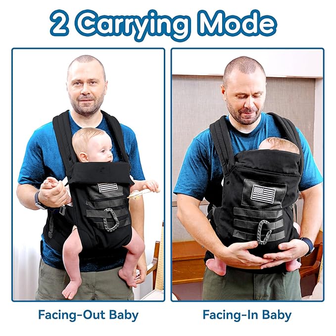 Baby Carrier, Lumbar Support Infant Carrier (0-36M, 8-33 lbs) with Foldable Headrest Carabiners for Big and Tall Parents, Men, Women (Black)