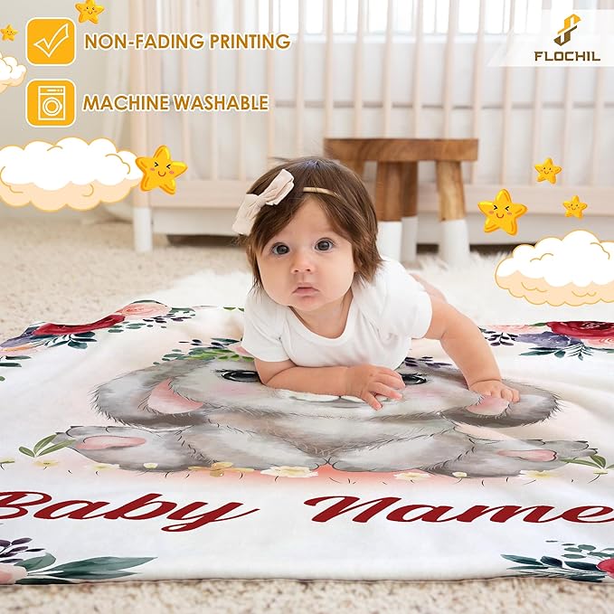 FLOCHIL Personalized Baby Blanket - Custom Baby Blanket with Name for Girls, Newborn Bunny Plush Fleece (30x40)