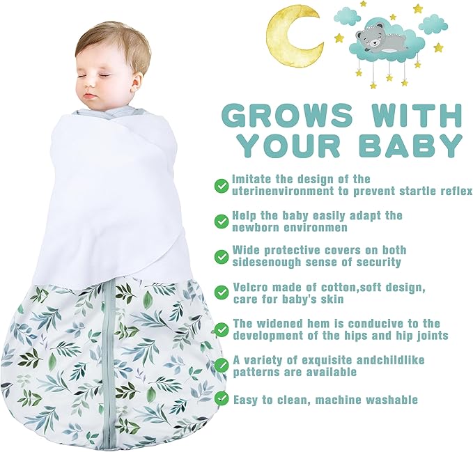 Newborn Sleep Sack Baby Swaddle,3-6 Months,3-Way Adjustable Wearable Blanket,100% Rayon Cotton Swaddling Sleeping Bag，TOG 0.5（Banana&Leaf）