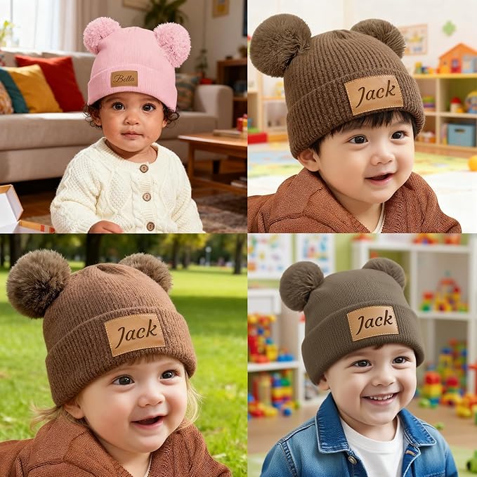 Custom Baby Beanies Personalized Toddler Winter Hats Name Leather Patch Kids Knit Warm Hat for Infant Boys Girls Adult