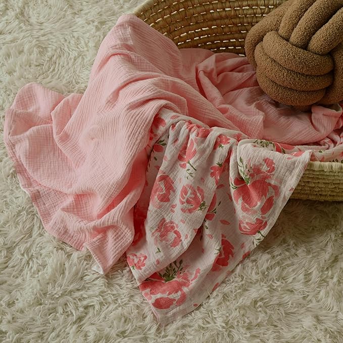 GLLQUEN BABY Blankets for Unisex Boys Girls, 2-Pack Muslin Cotton Front Soft and Breathable,and Dotted Fleece Backing, Printed Bed Nursery Minky Blankets for Newborn, Pink Flower,30 x40 inches