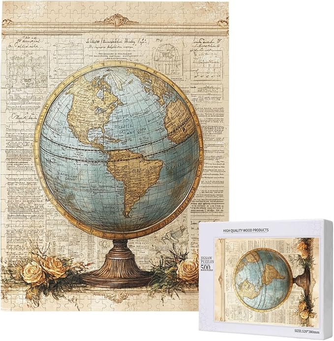 Classic Globe with Detailed World Map and Vintage Documentation, Beautifully Complemented by Decorative Roses，500 Piece Adults Wooden Jigsaw Puzzle，Ideal for Relaxation and Family Fun