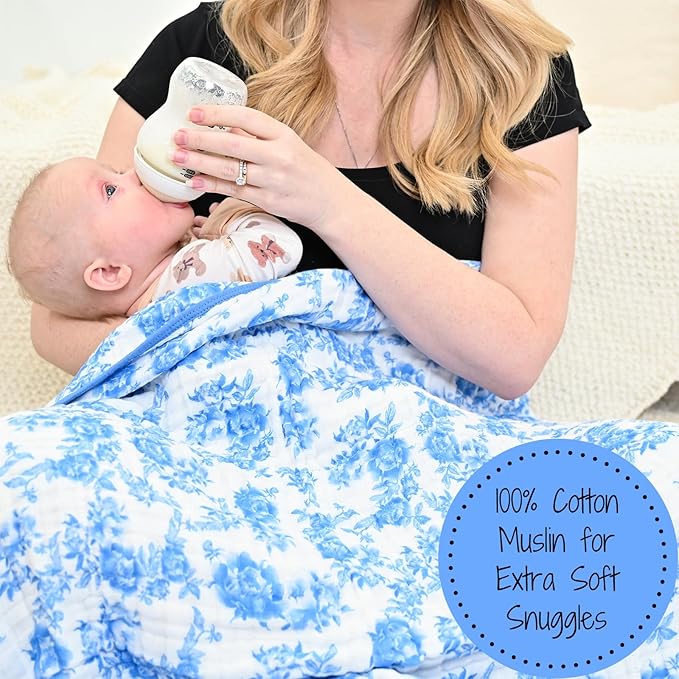 LollyBanks Muslin Baby Blanket 100% Organic Cotton, Muslin Quilt Lightweight, Muslin Blanket for Girls, 6 Layers Baby Blankets 47"x 47", Soft Nursery Receiving Blankets (Blue Peony Print)