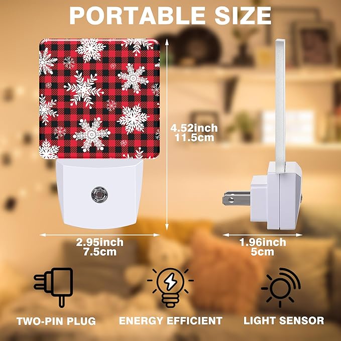 Christmas Snowflakes Night Light, Red and Black Checkered Plug-in Nightlight with Dusk to Dawn Auto Sensor for Home Bedroom Hallway Kitchen 0.5W Sleep Friendly Led Lamp for Women Men