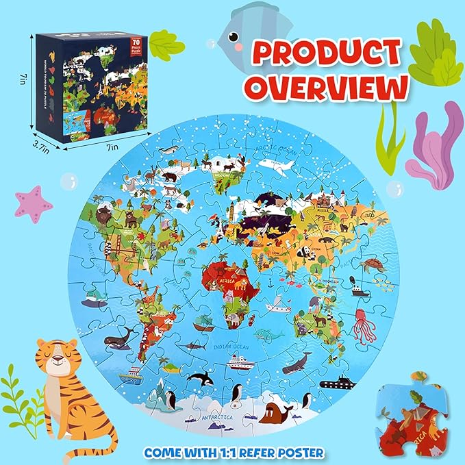 70 Piece World Map Jigsaw Puzzle for Kids 4-8, Large Round Floor Puzzles for Kids Ages Toddler Puzzle Globe Geography Games Educational Toys Birthday for Children (World Map)
