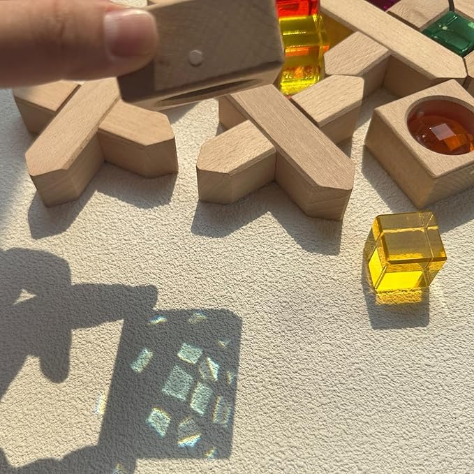 22PCS Wooden Cross Shape Blocks with Colorful Acrylic, Sparkling Square Monochrome Kaleidoscope Gem Educational Construction Toy for Toddlers (22PCS Fence Mixed)