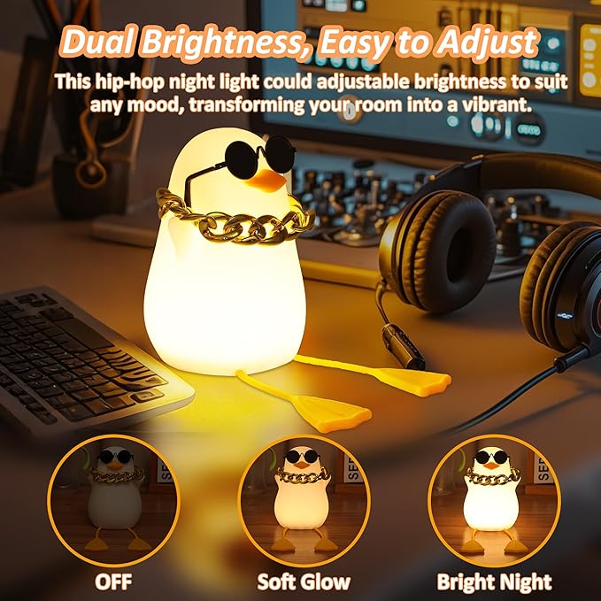 Duck Night Light for Kids, Cute Benson Ducks Gifts, Squishy Touch Silicone Animal Nursery Bedside Lamp Goose Gifts, Dimmer & Rechargeable, Birthday Gifts for Boys Girls Women Teen(Hip Hop Duck)