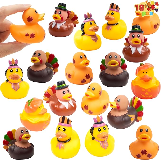 JOYIN 18PCS Thanksgiving Rubber Ducks for Boys Girls Kids & Toddlers, Thanksgiving Party Favor Gifts, Rubber Ducky Bath Toys, Kids Fun Bath Duck Toys
