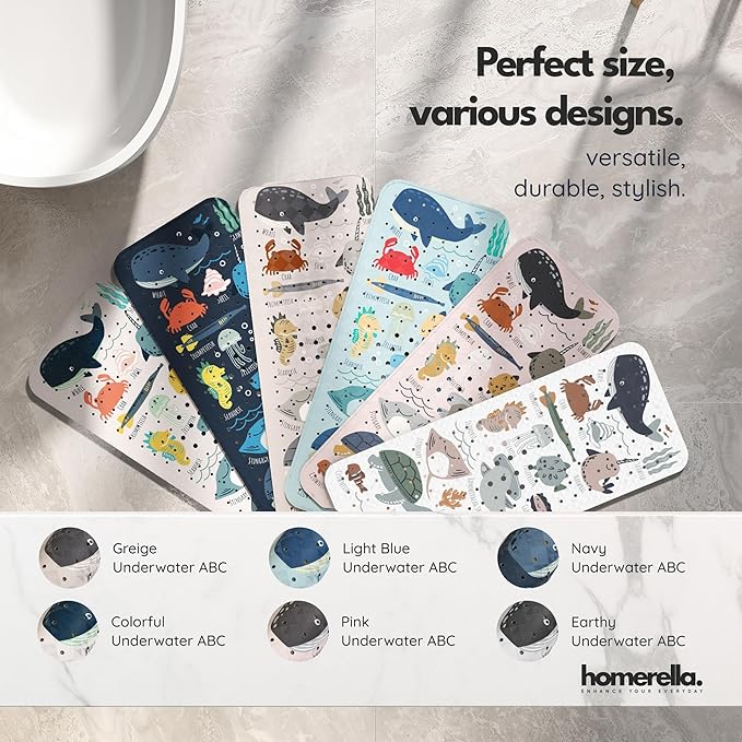 Homerella Baby Bath Tub Mat | Anti Mold Mildew Resistant Non Slip Kids and Adult Bath Tub Shower Mats | 40x16 inch Long with Suction Cups for Secure Grip Hooks for Storage & Drying | Machine Washable