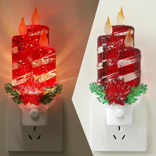 Christmas Candle Night Light Plug into Wall Swirling Glitter USB Portable Christmas Decorative Night Light Decoration for Kids Adults Bedroom Kitchen Living Room Holiday Decor (Red Candles)