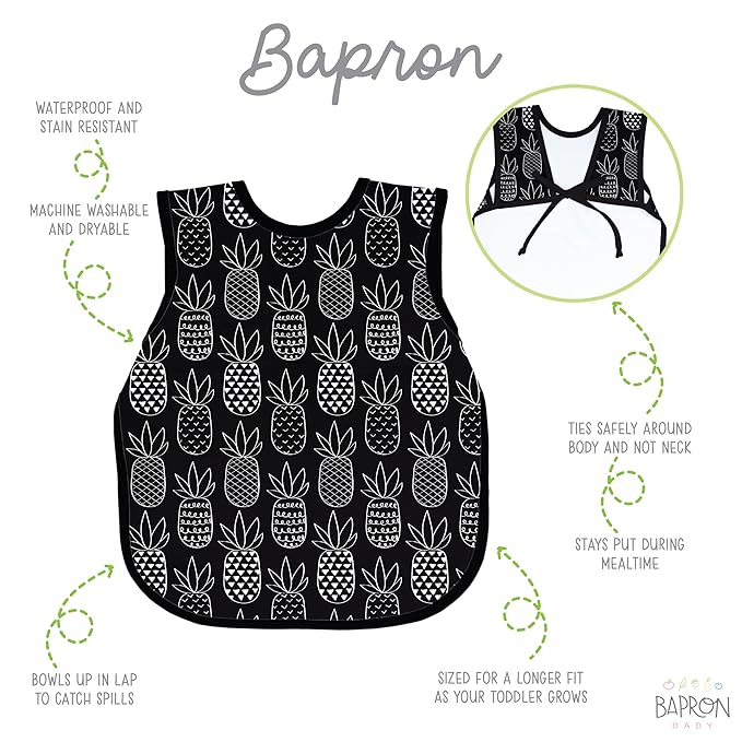 BapronBaby Pineapple Monochrome Bapron - No Neck Tie Safer Bib for Baby & Toddler - Soft Waterproof Stain Resistant - Machine Washable - Sz Baby/Toddler 6m-3T