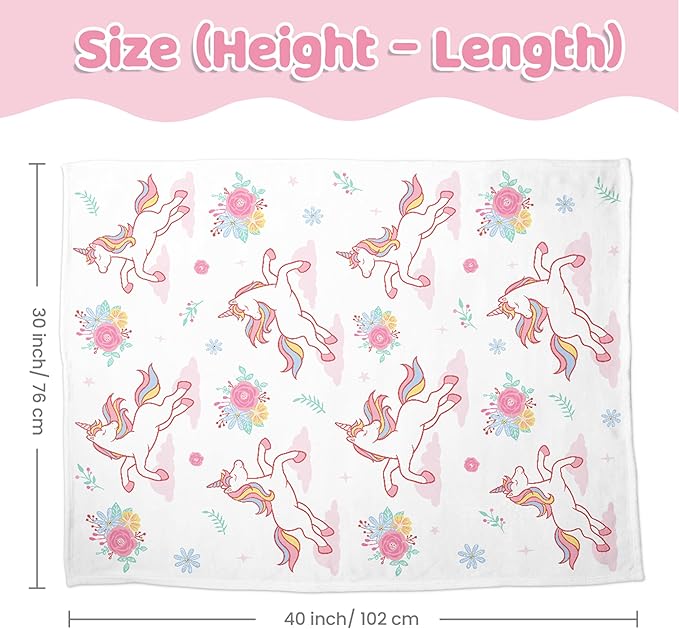 SANDJEST Unicorn Kid Blankets for Girls 30 x 40 - Throw Minky Blanket with Double Layer Dotted Backing - Gifts for Birthday