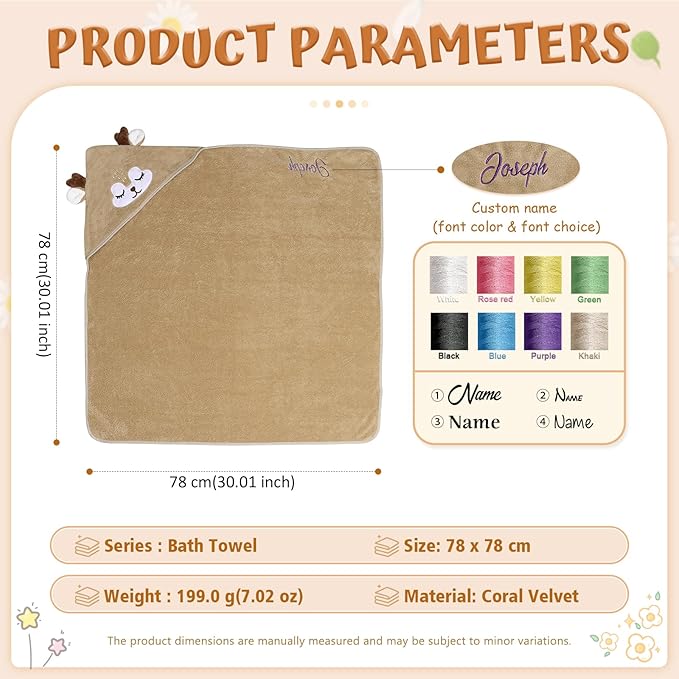 Personalized Baby Towels for Newborn Custom Embroidery Name Hooded Baby Bath Towels for Boy Girl Newborn Essentials Must Haves Shower Gift Soft Coral Velvet 30"x30" (Brown)