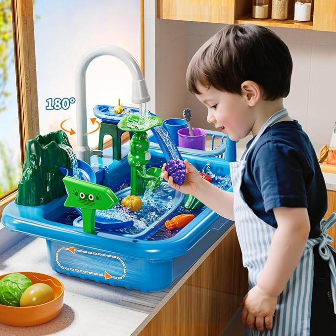 Water Table Play Sink Toy for Kids 2 3 4 5 6 Years Old - Outdoor Kitchen with Running Water, Fishing Games, Toddler Water Play Table for Kids Ages 3-8, Beach Outdoor Toys, Summer Gifts