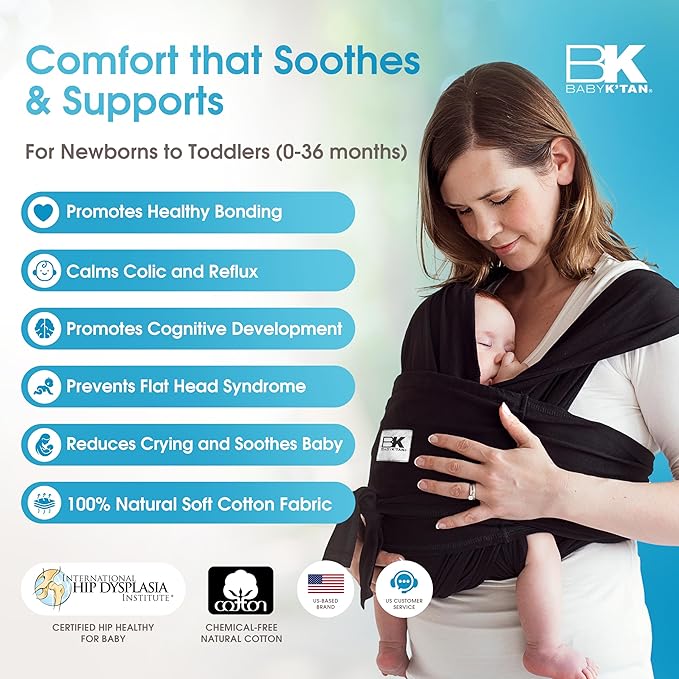 Original Baby K'tan Baby Carrier: #1 Easy Pre-Wrapped, Soft, Slip-On, No Rings, No Buckles | 5 in 1 Baby Sling Gift | The Best Hands Free Infant Wrap | Black | Small