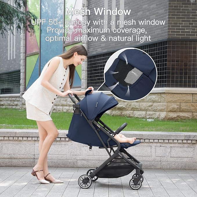 Compact Fold Baby Stroller, Lightweight Travel Toddler Stroller with One-Click Fold, Extendable UPF50+ Canopy, Cup Holder, UV Protected and Waterproof, One-Hand Folding - Blue