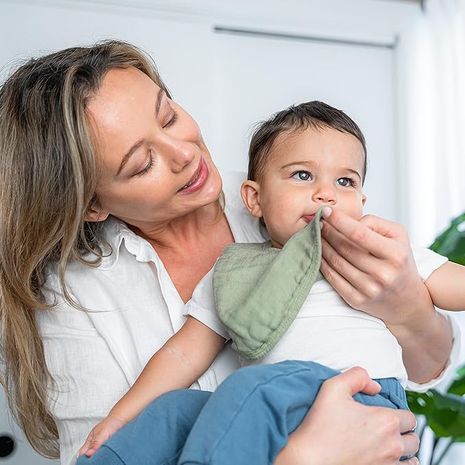 Comfy Cubs Muslin Bibs for Babies, Pack of 8 - Soft and Highly Absorbent, Feeding, Drool and Teething Bib, Adjustable Snaps - Stylish & Colorful Unisex Designs, Giftable Set - Sage