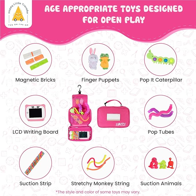 Travel Essentials for Kids – All-in-One Hanging Bag with Toddler Toys, Road Trip Activities for Kids, Sensory Toys & Travel Games for Airplane Trips, Car Rides - Boys & Girls 3+ Years, Toddler Pink