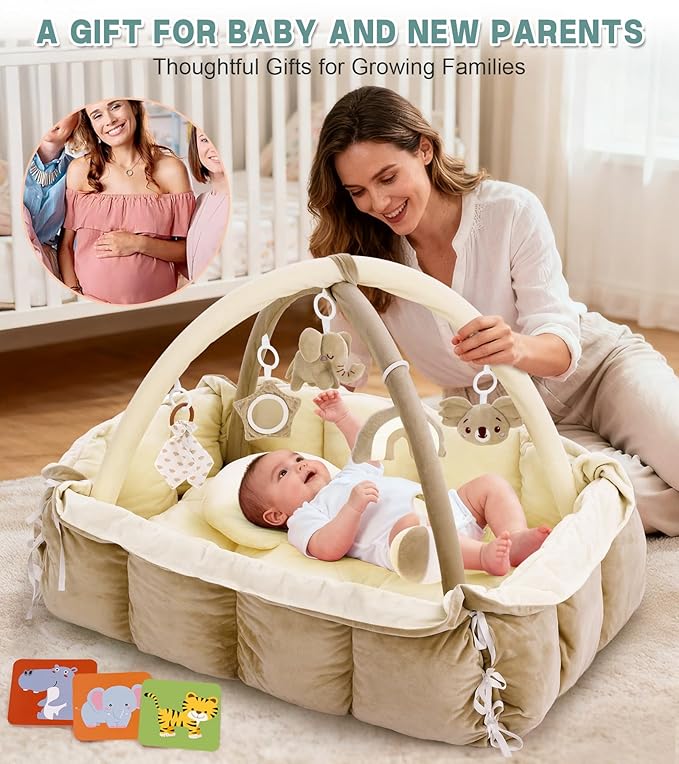 5-in-1 Baby Play Gym and Tummy Time Mat, Tummy Time Pillow & 12 Learning Cards, Plush Activity Mat with 6 Toys, Baby Gym, Convertible to Ball Pit & Pet Bed, Baby Gift, Cream