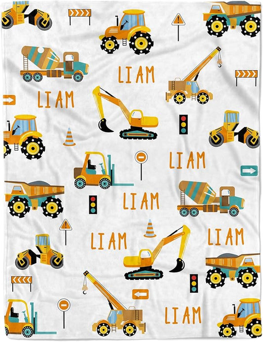 Personalized Truck Excavator Blanket with Name Cutsom Blanket for Baby Boy Car Lover Toddler Kids Customized Gifts for Baby Shower Christmas Birthday Newborn Gifts