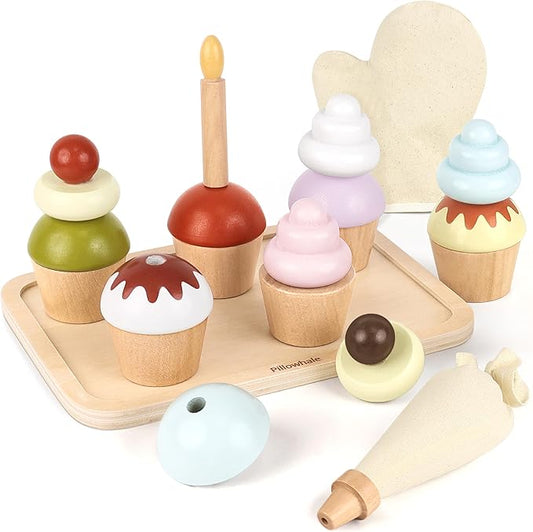 Wooden Cupcake Play Food Set – 21 PCS Pretend Cupcakes with Interchangeable Toppings, Candle, Tray, Piping Bag & Mitt, Birthday Cake Toy for Kids Kitchen & Tea Party Play, Ages 3+