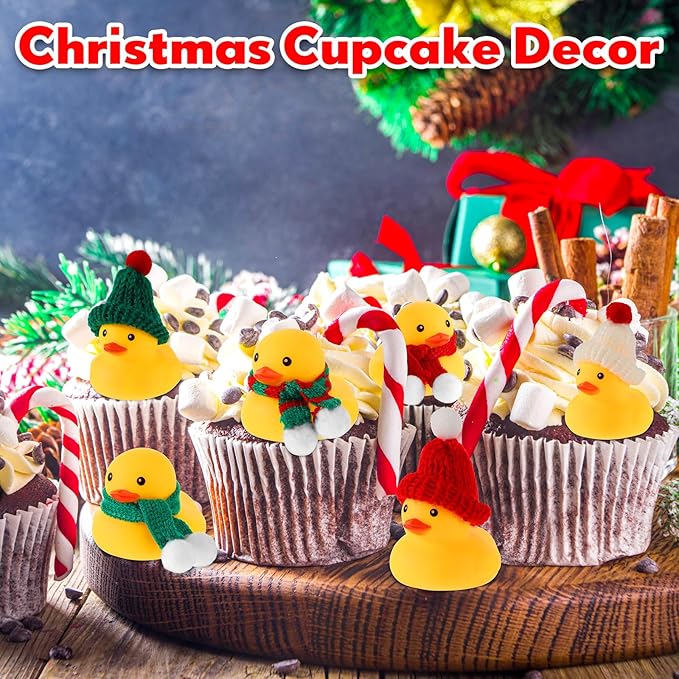 Jerify 120 Pieces Christmas Rubber Ducks with Classic Knitting Hats and Stripe Scarves Mini Cute Yellow Duck for Xmas Swimming Pool Birthday Party Bath Baby Shower