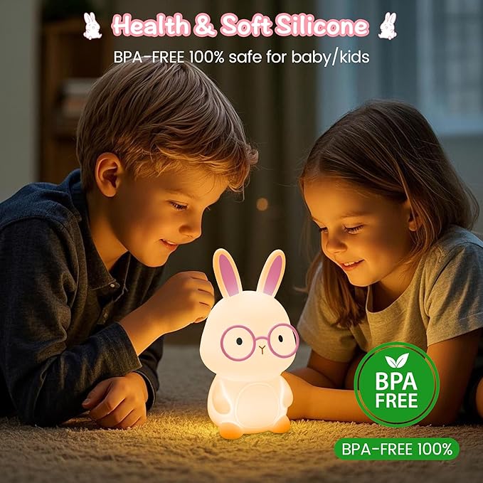 Bunny Night Light for Kids, Soft Silicone Nursery Lamp, 7-Color Glow, 3-Level Dimmable Warm Light, Tap Control, 30Min Timer, Rechargeable, BPA-Free, Easter & Birthday Gift, Baby Room Decor, White