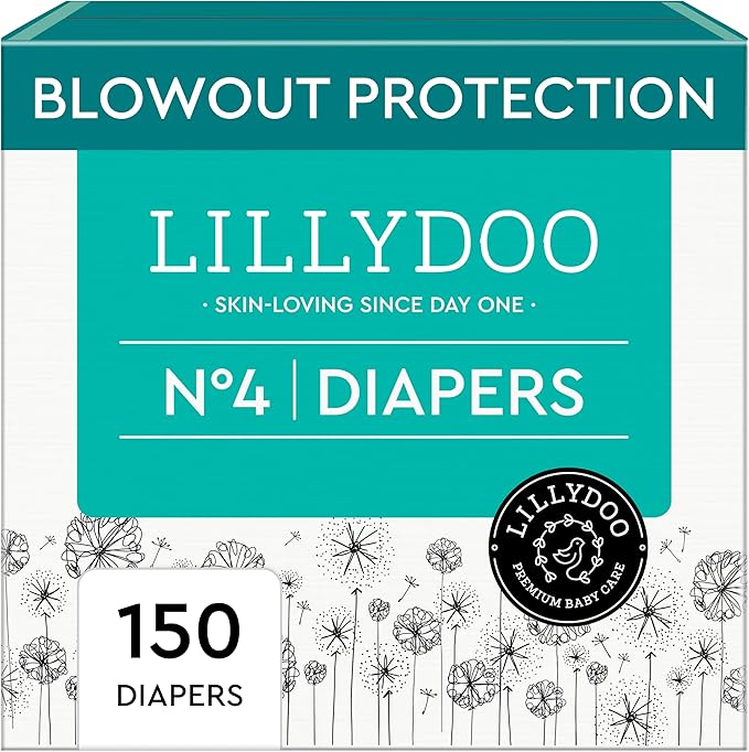 LILLYDOO Baby Diapers - Size 4 (20-31 lbs), Monthly Supply (150 Count), Leak Protection, Skin-Friendly, Ultrasoft, Perfume- & Chlorine-Free, Hypoallergenic, Dermatologist Tested, Oeko-TEX®