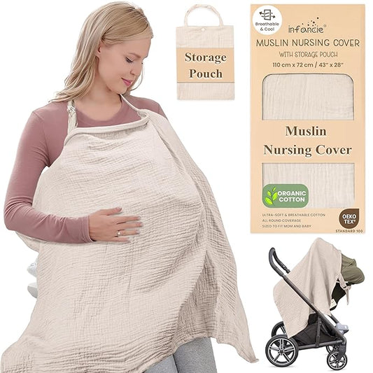Premium Organic Breathable Muslin Nursing Cover for Breastfeeding - Privacy Breast Feeding Covers for Women - Multi-Use Nursing Cover Up - Soft & Lightweight Breastfeeding Covers (Ivory)