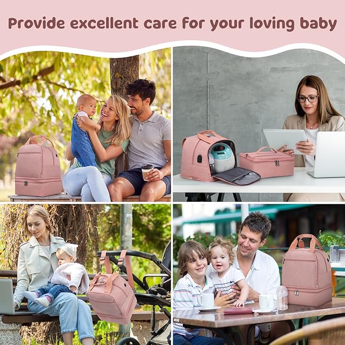Pump Bag, Breast Pump Carrying Bags with Ice Pack & Waterproof Mat, Breast Pump Bag Compatible with Spectra S1 S2, Pumping Bags Milk Bottle Cooler for Work Travel Camping, Pink