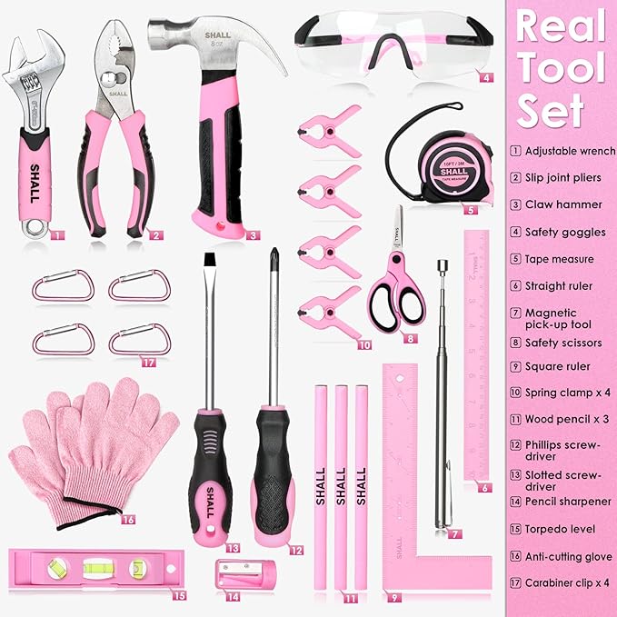 SHALL 26-Piece Kids Size Tool Set, Pink Real Tools for Kids with 12" Tool Bag, Safety Certified Children Learning Tool Kit with Hand Tools for Boys & Girls Age 6+, DIY Building, Woodwork, Construction
