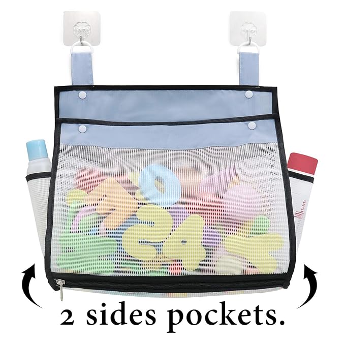 Bath Toy Organizer Multiple Ways to Hang, Extra Large Opening Bathroom Toy Holder, Bottom Zipper Bathtub Toy Storage Bag (Black)