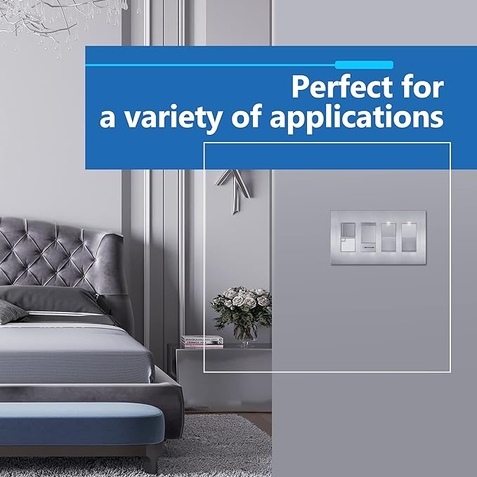 LIDER Brushed Finish Decorator Switch Cover, Screwless Wall Plate, Mid-Size 4-Gang 4.88" x 8.58", Unbreakable Polycarbonate Thermoplastic, UL Listed, LSWP-34M-BSV, Brushed Silver