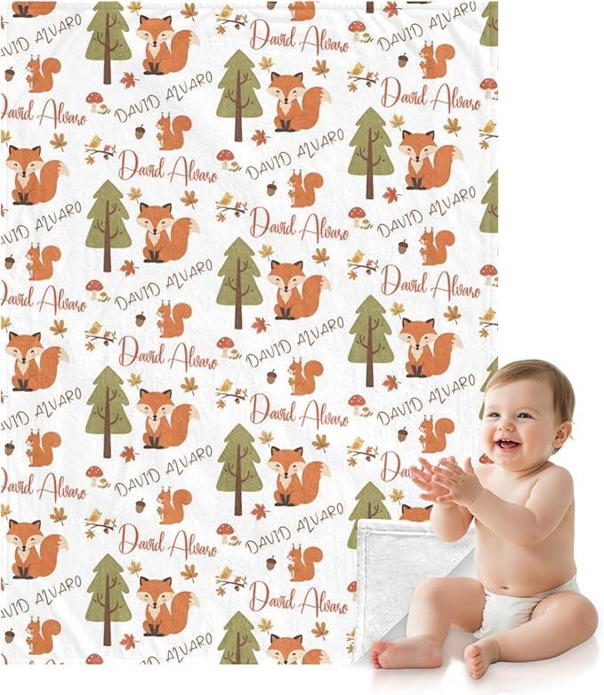 Ship Next Day, Personalized Baby Blanket for Boys Girls - Printed in USA, Custom Name Toddler Blanket with Fox Pattern, Perfect Newborn Gift