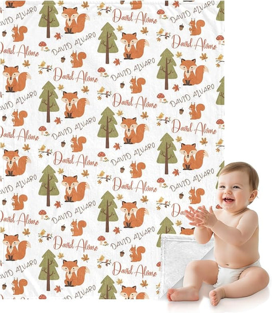 Ship Next Day, Personalized Baby Blanket for Boys Girls - Printed in USA, Custom Name Toddler Blanket with Fox Pattern, Perfect Newborn Gift
