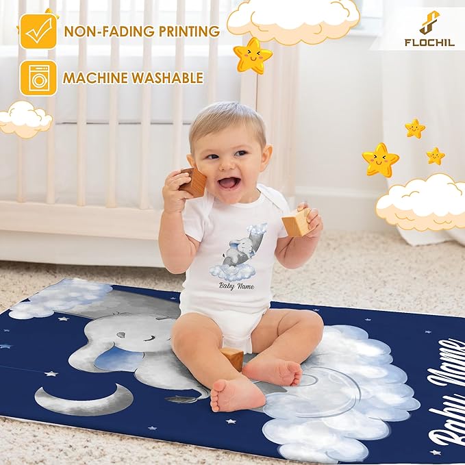 FLOCHIL Personalized Blanket with Name – Custom Fleece Blanket for Boys, Newborn Gift, Elephant Design (30x40) (Elephants 4)