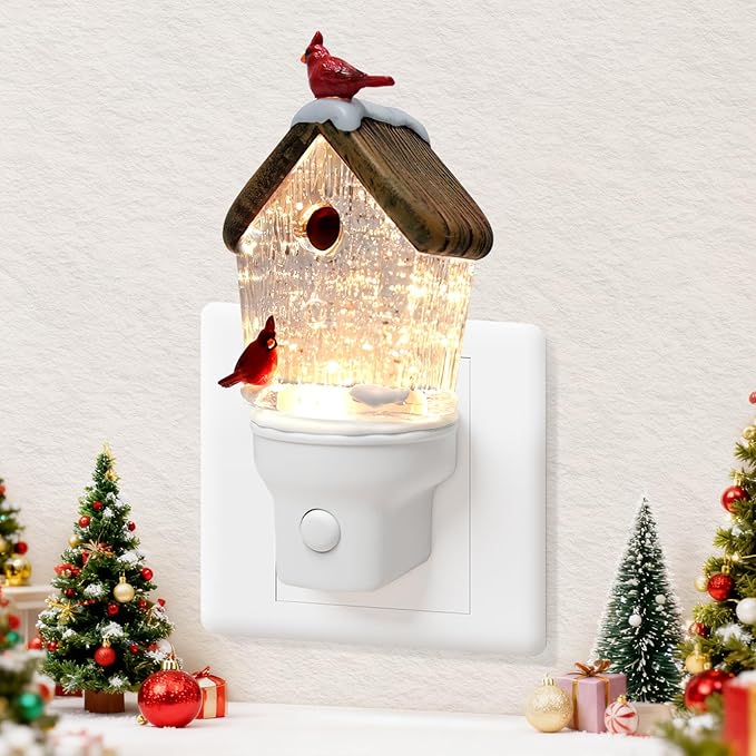 Christmas Night Light Plug into Wall Swirling Glitter USB Portable Christmas Decorative Night Light Decoration for Kids Adults Bedroom Kitchen Living Room Holiday Decor (Bird House)