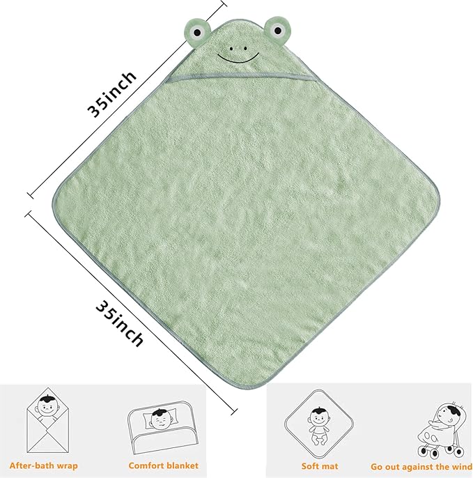 ROMASA Baby Bath Towel with Hooded Cute Design Ultra Soft Thick Cotton Bath Towel Shower Gift for Newborn,35X35 inches (Green)