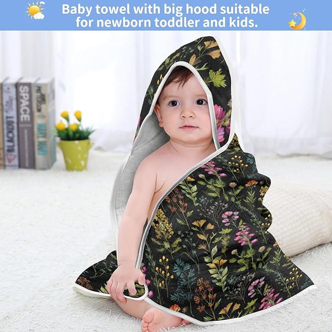 Pigsaly Watercolor Wild Flowers Hooded Baby Towel Meadow Herbs Leaves Baby Bath Towel Unisex Soft Organic Cotton Washcloths Toddlers Shower Gifts for Boys Girls Newborn 30 x 30 in