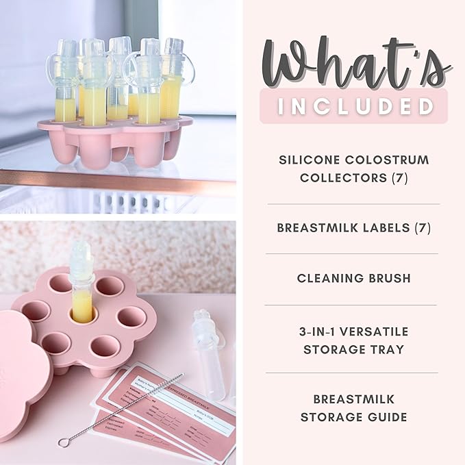 Cradle & Grace Colostrum Collection Kit with Multi-Use Storage Tray, 6ml/7pcs Presterilized Silicone Colostrum Collector, Reusable Colostrum Syringes Freezer Safe, Heat Safe, Breast Feeding Essentials