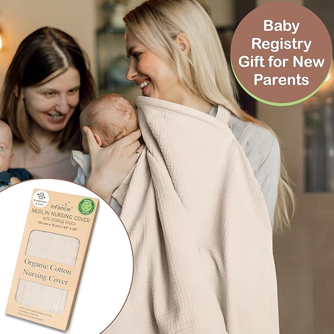 Premium Organic Breathable Muslin Nursing Cover for Breastfeeding - Privacy Breast Feeding Covers for Women - Multi-Use Nursing Cover Up - Soft & Lightweight Breastfeeding Covers (Ivory)