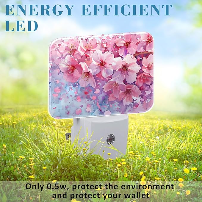 Watercolor Cherry Blossom Night Light Cherry Blossom Nightlight Plug into Wall with Dusk to Dawn Sensor for Kid Girls Boys Women Men Room, Hallway, Kitchen, Bathroom, Stairs Decor