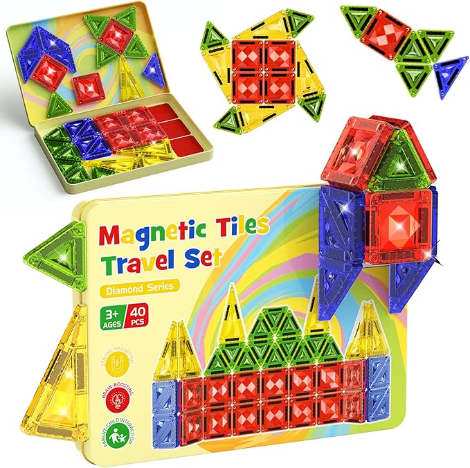 Mini Magnetic Tiles for Kids Ages 4-8, 40PCS Portable Travel Toys with Visual Storage Guide & Metal Storage Box, Compact Magnetic Building Blocks for Toddlers 3-5 Travel Activities