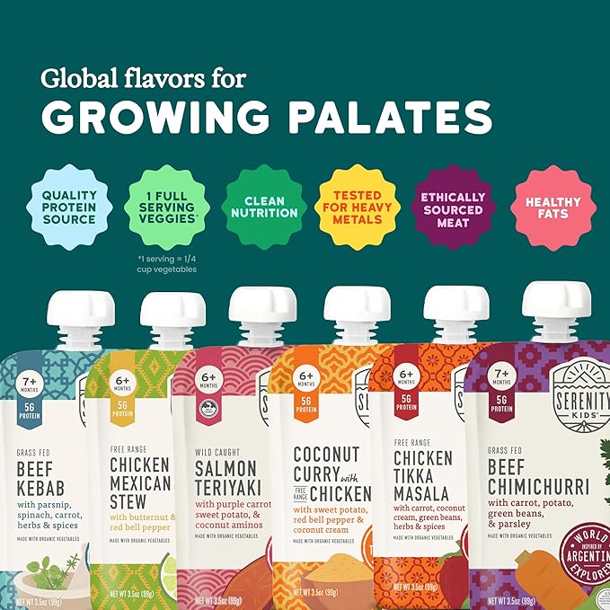 Serenity Kids 7+ Months World Explorers Baby Food Pouches - 3.5 oz, Pack of 18-40% DV Protein 5g Baby Protein Pouches - BPA-Free- Organic Veggies - Variety Pack