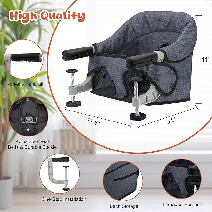 Hook On High Chair, Jozzve Baby High Chair, Portable High Chair for Travel, Foldable Fast Table Chair with Storage Bag, Baby Feeding Seat Clip On High Chair for Home and Travel (Grey)