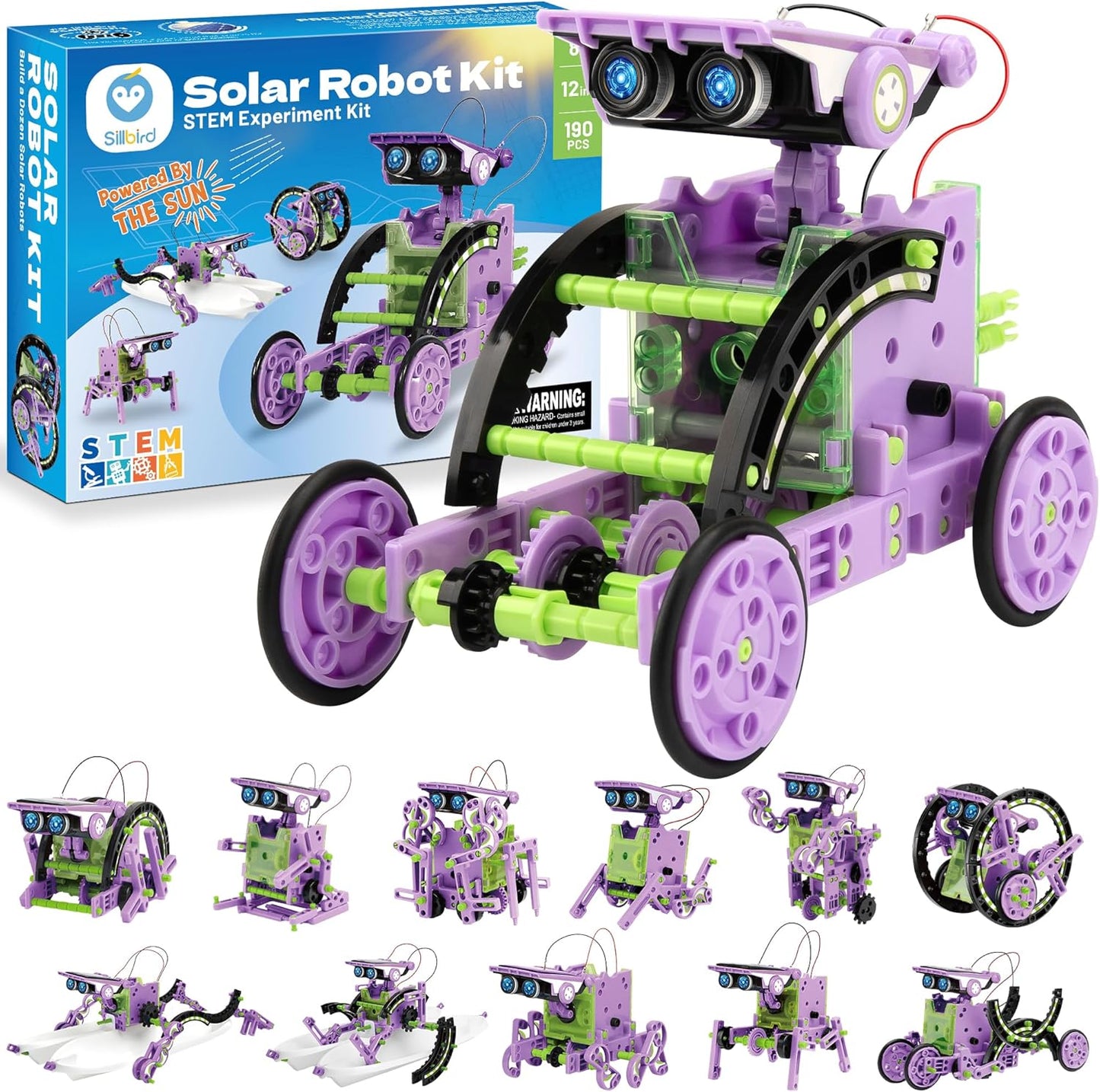 Sillbird Solar Building Robot Kit STEM Gift for Boys Aged 8-14, 12-in-1 DIY Science Educational Toys for Kids Birthday, Solar Powered Robotic Set with 190 Pieces
